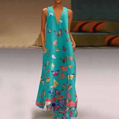Mouwloos maxi zomerjurk met vlinderpatroon