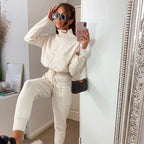 Dames lange mouw hoge kraag trui & trekkoord broek set – feestelijke reisoutfit