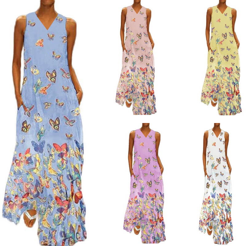 Mouwloos maxi zomerjurk met vlinderpatroon