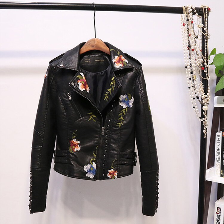 Geborduurde dames kunstlederen motorjack