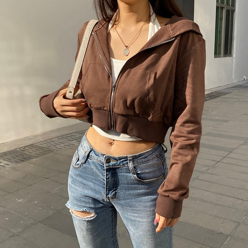 Figuurlijke dames cropped zip-up hoodie met capuchon