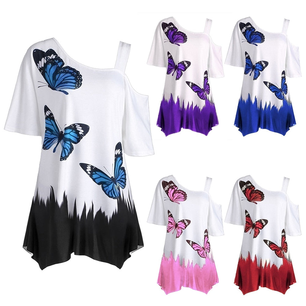 Vlinderprint cold shoulder T-Shirt – zomertuniek tee voor vrouwen