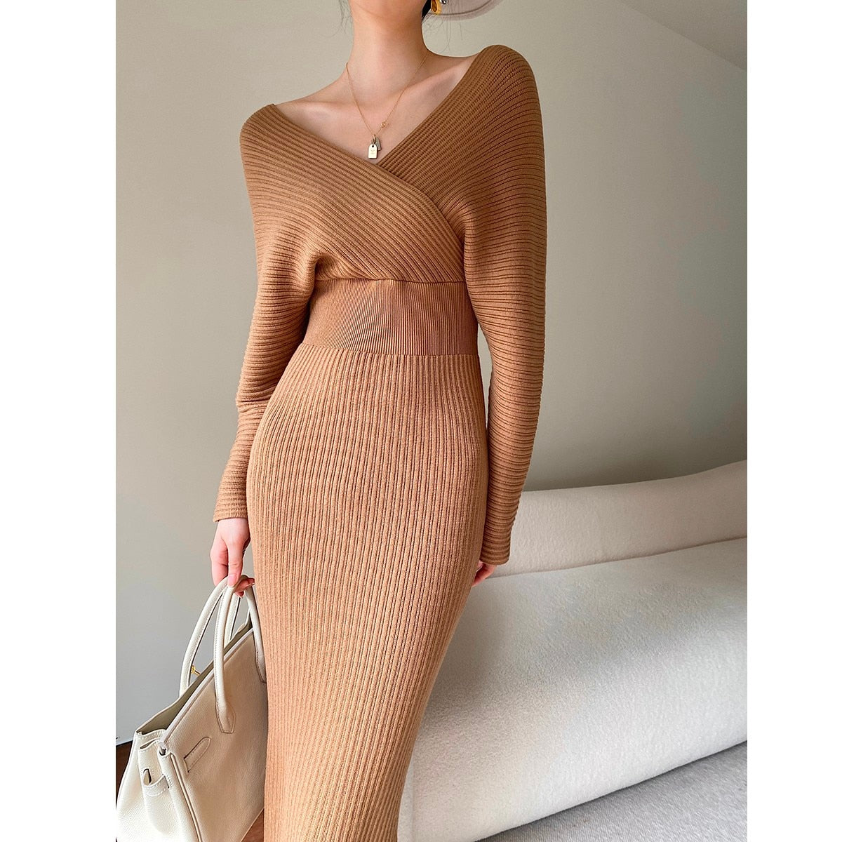 Hoge taille gebreide trui jurk – V-hals lange slanke gebreide avond feestkleding