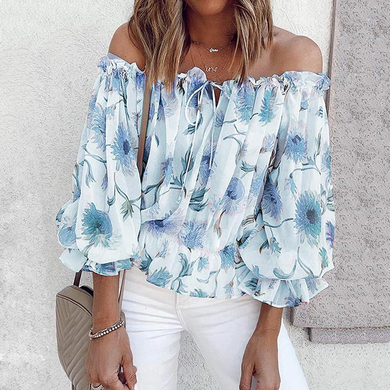 Gebloemde dames chiffon blouse met ruches mouwen