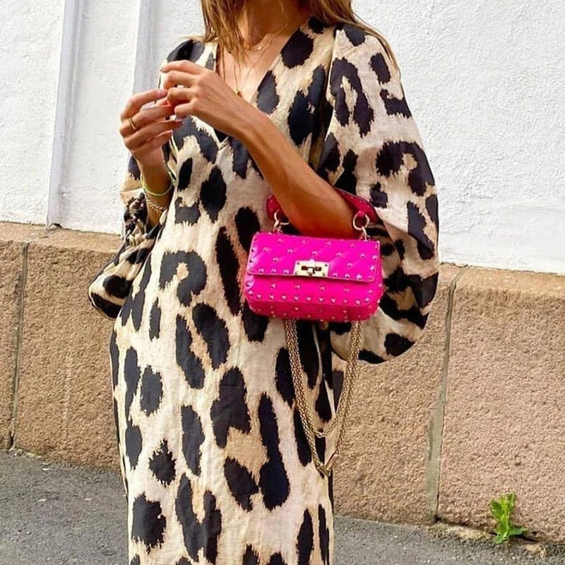 V-Hals 3/4 mouwen luipaardprint feestjurk – elegant & ademend