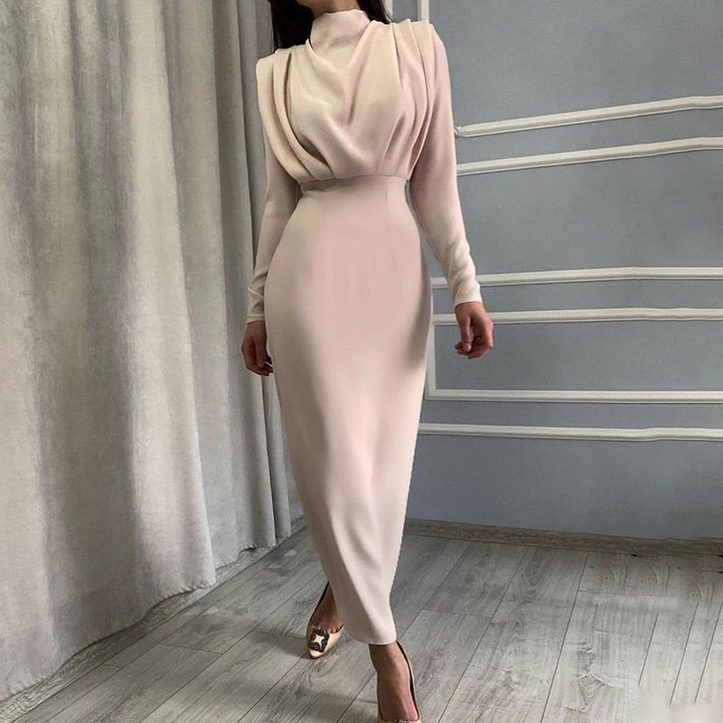 Taille-Gestuurde getailleerde lange mouw jurk – kantoor dame mode