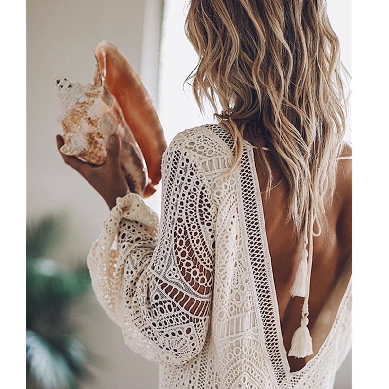 Lange mouw mini boho strandjurk met uitsnijdingen – V-Hals zomerjurk