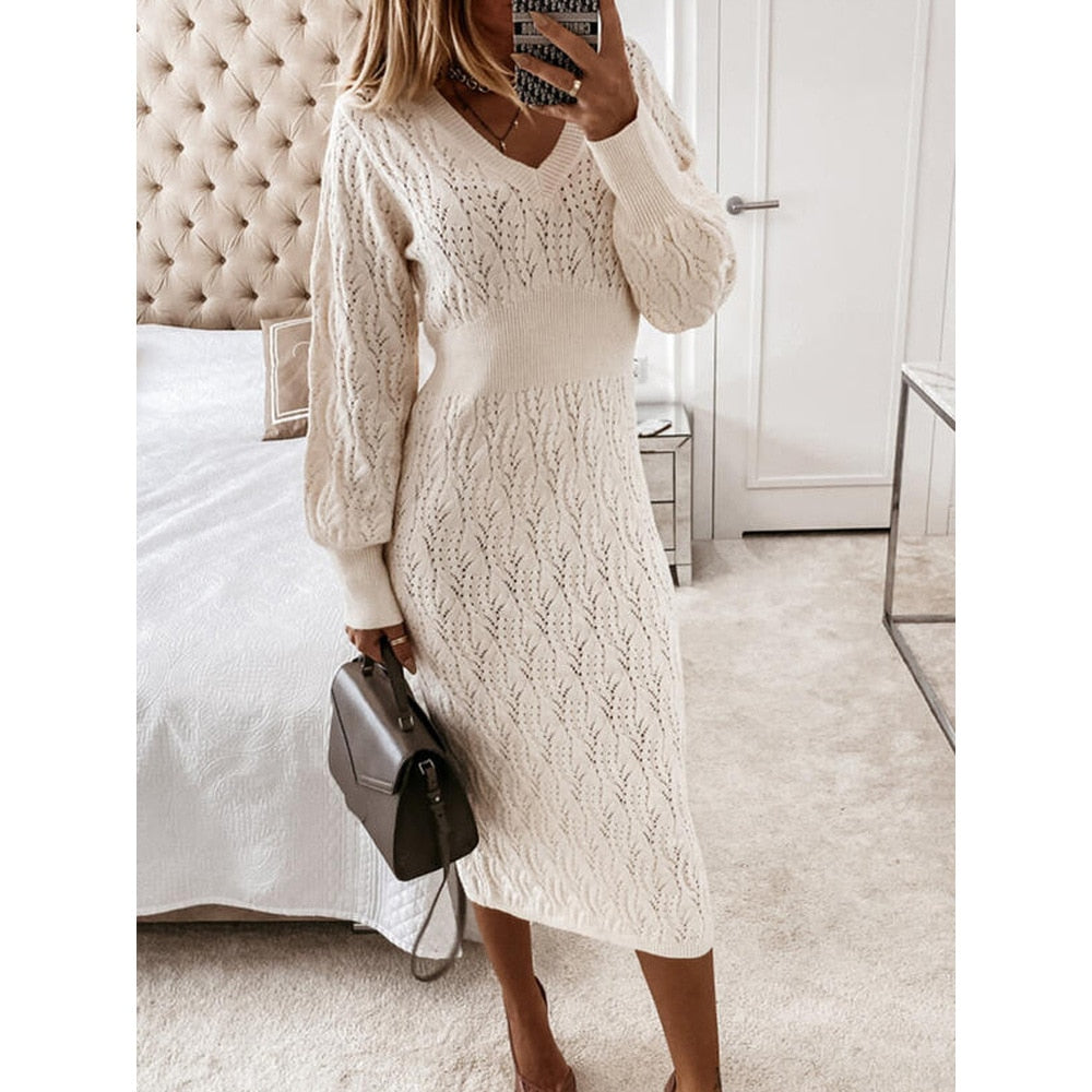 Beige trui jurk – herfst elastische lange mouw V-Hals gebreide midi feestkleding