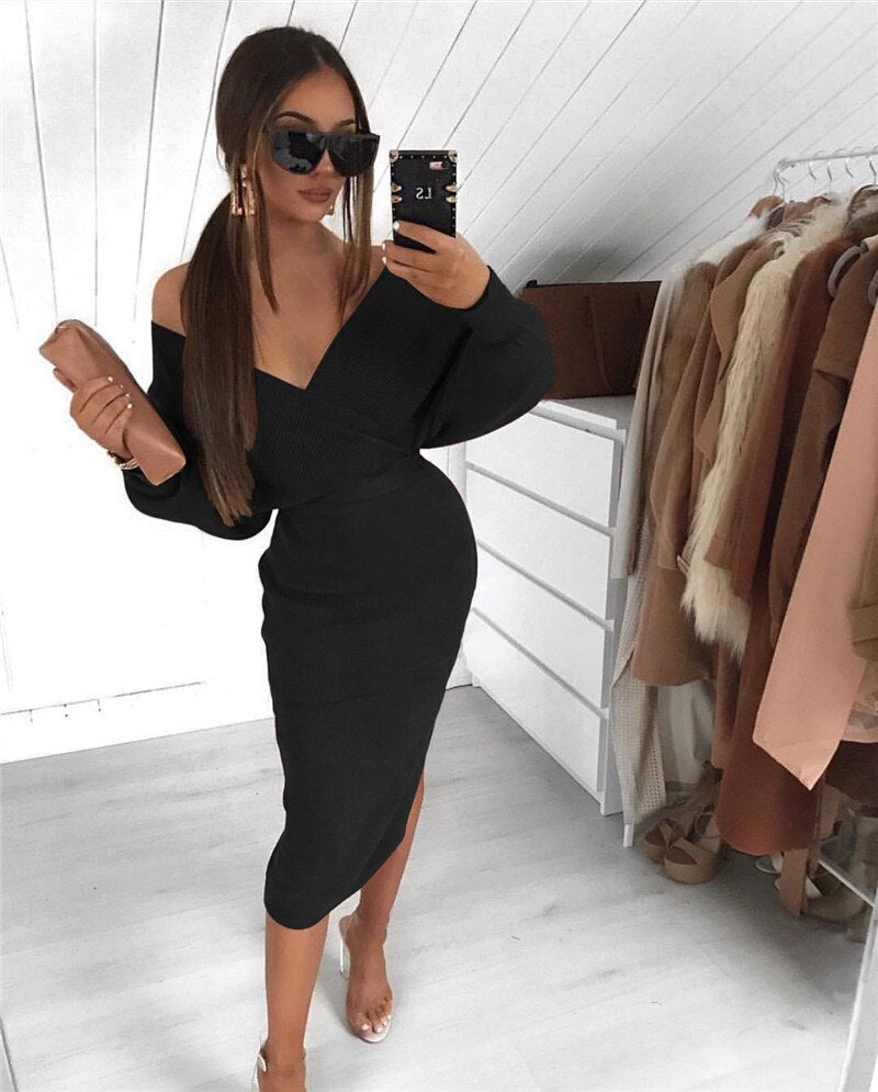 Designer V-Hals lange mouw – hoge taille kokerjurk