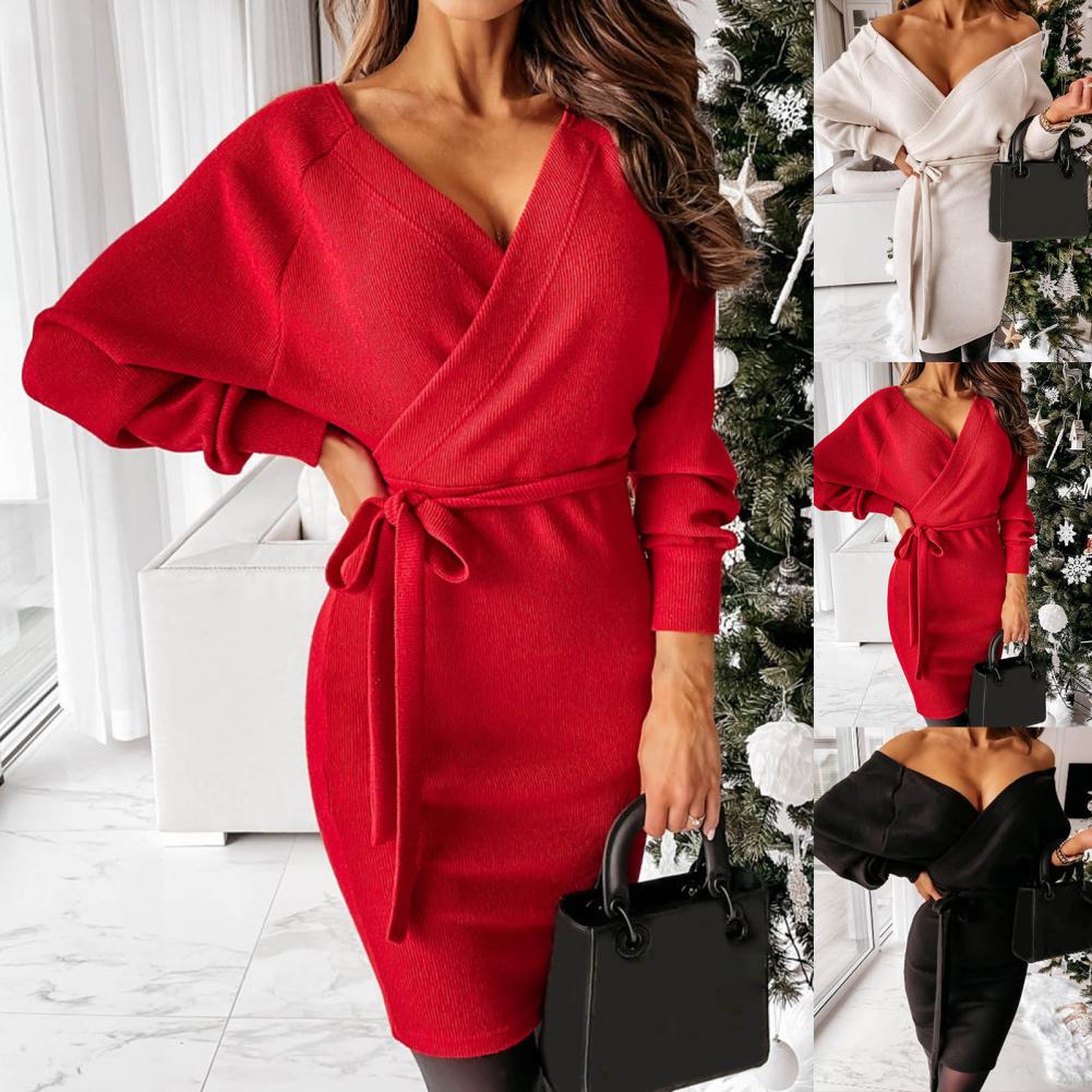 Gebreide lange mouw trui jurk – korte jurk met riem