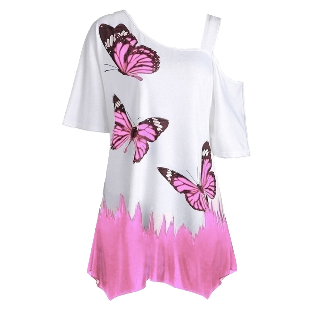 Vlinderprint cold shoulder T-Shirt – zomertuniek tee voor vrouwen