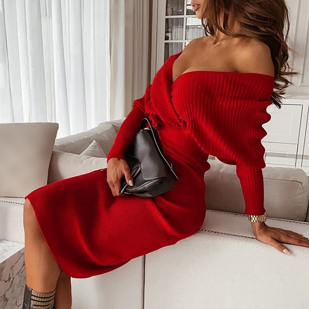 Slim fit gebreide jurk & kant lange mouwen – vetersluiting sweater rok
