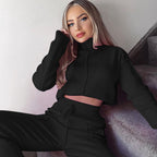 Dames lange mouw hoge kraag trui & trekkoord broek set – feestelijke reisoutfit