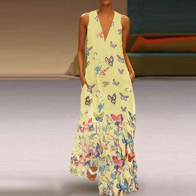 Mouwloos maxi zomerjurk met vlinderpatroon