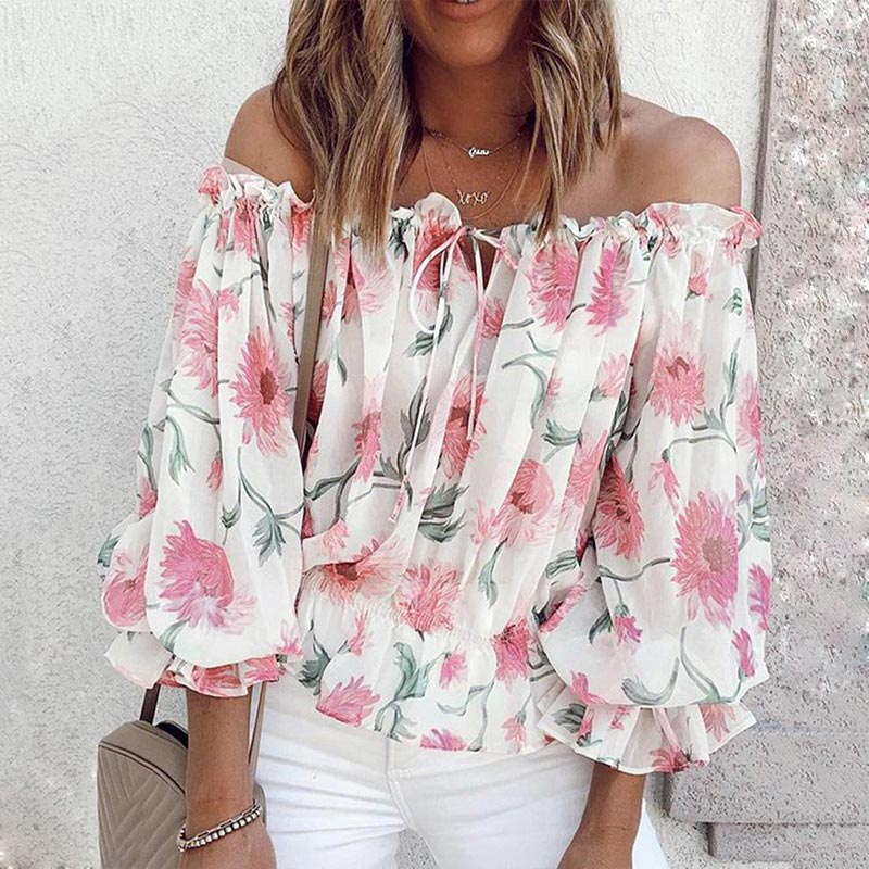 Gebloemde dames chiffon blouse met ruches mouwen