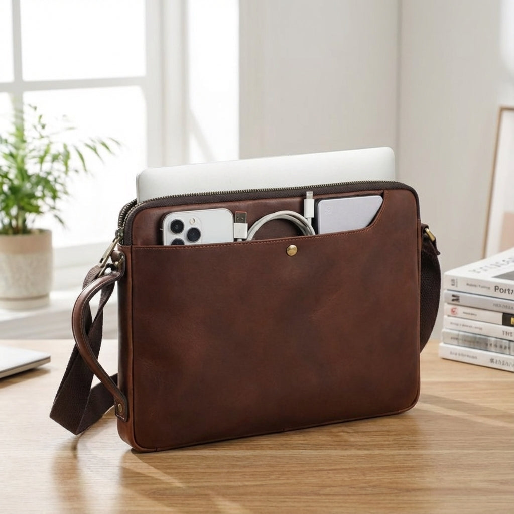Heren leren laptoptas