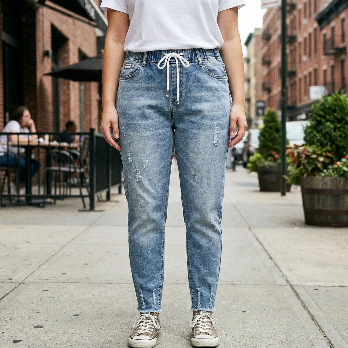 Baggy denim harembroek met hoge taille