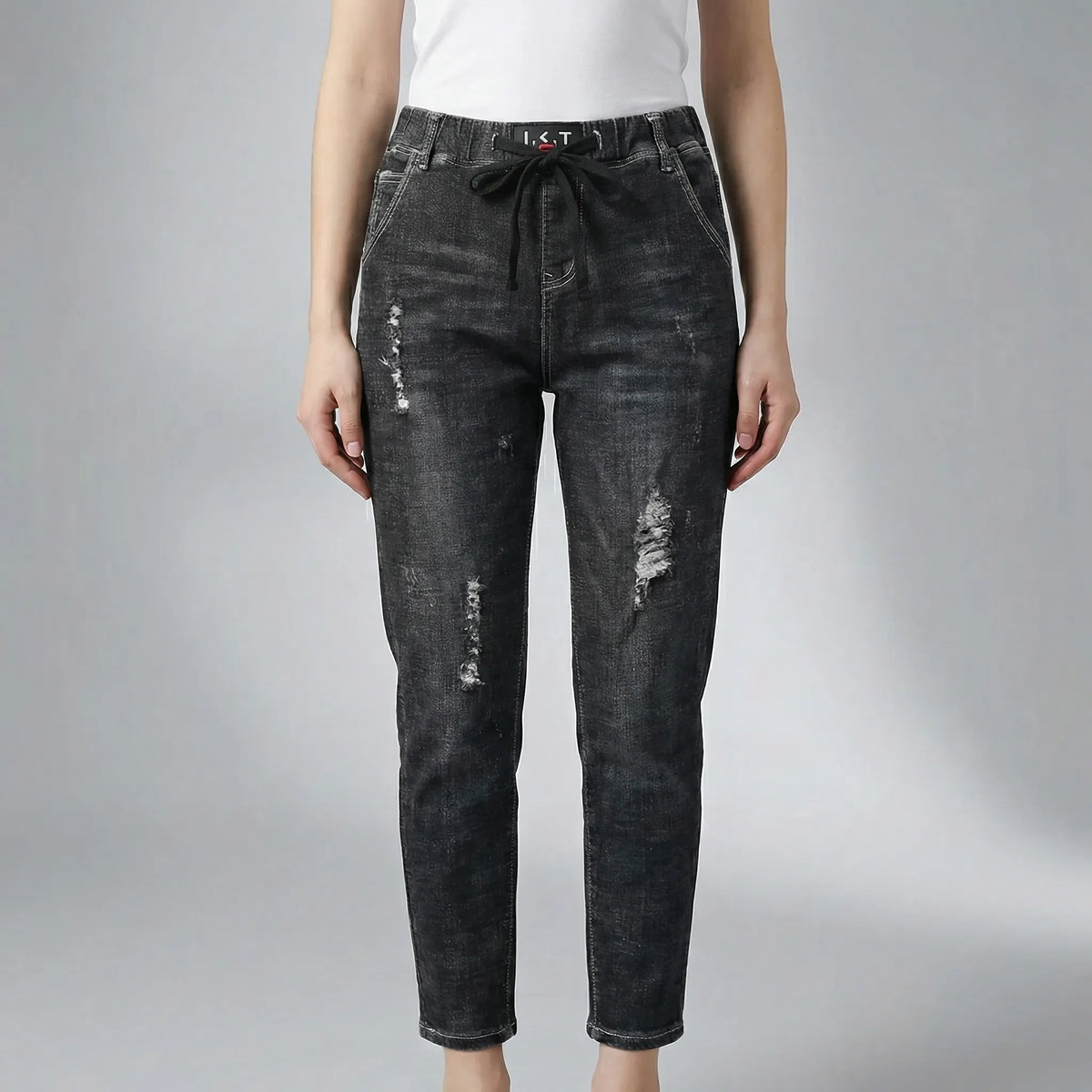 Baggy denim harembroek met hoge taille