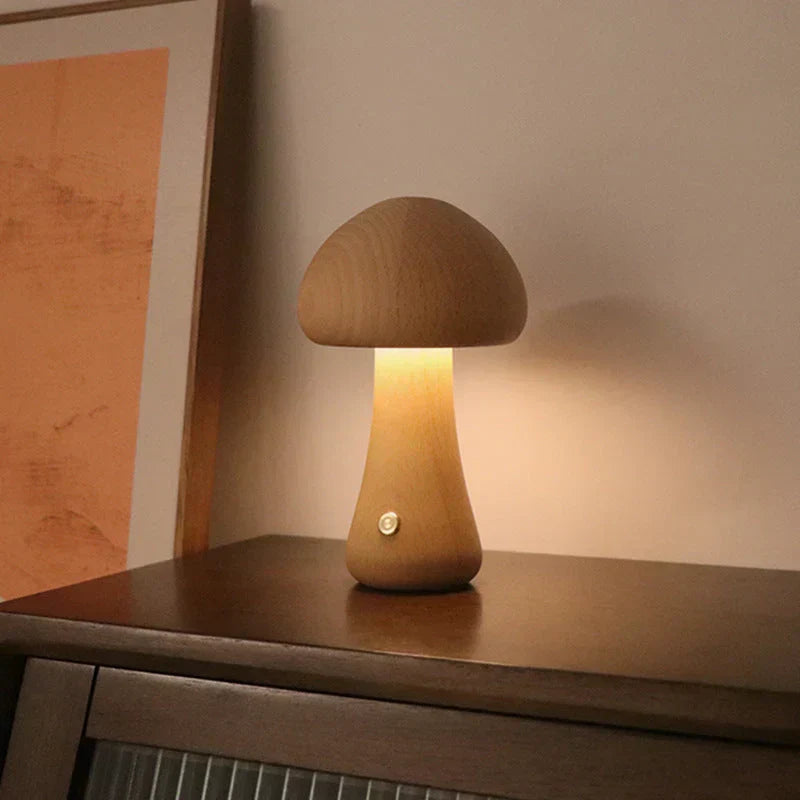 Houten paddenstoelnachtlamp