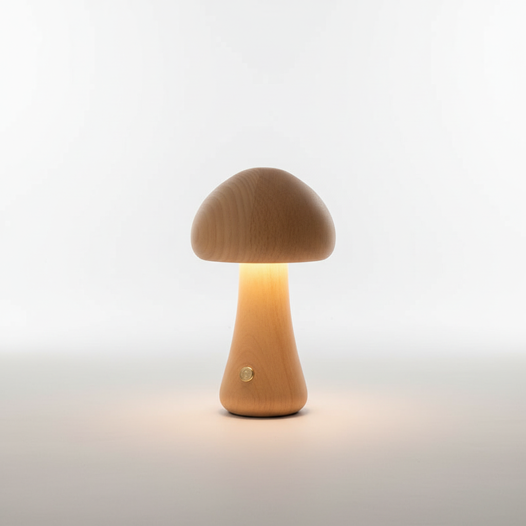 Houten paddenstoelnachtlamp