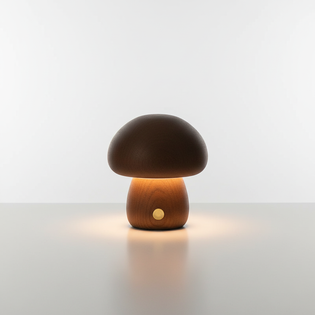 Houten paddenstoelnachtlamp