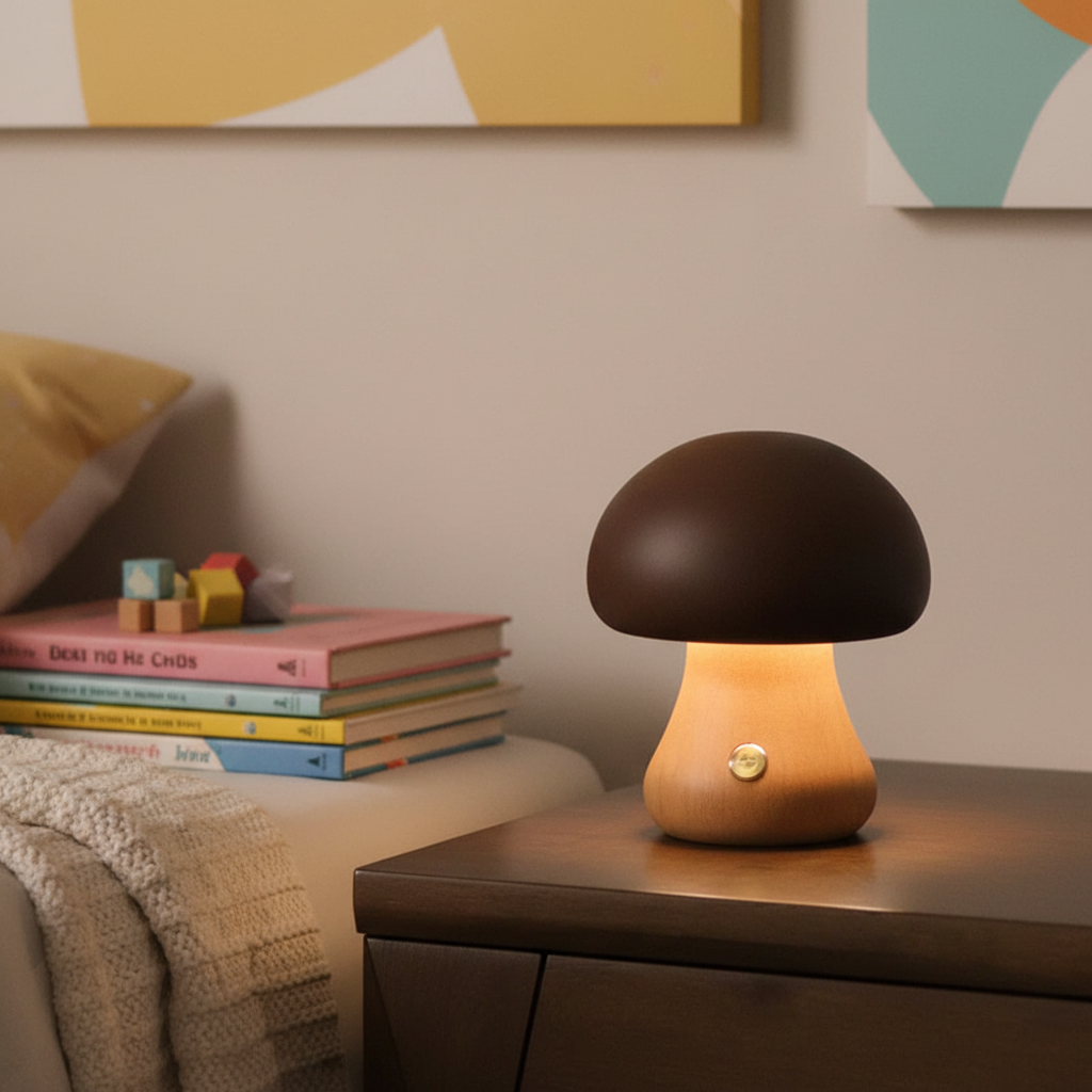 Houten paddenstoelnachtlamp