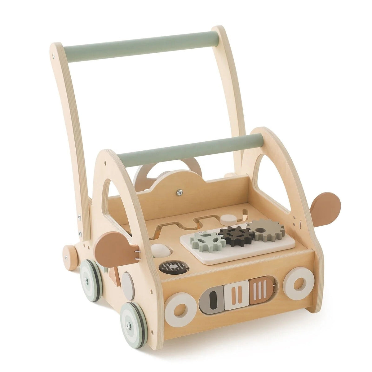 Houten loopwagen met montessori-speelonderdelen en spiegels