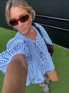 Geruite dames blouse met pofmouwen