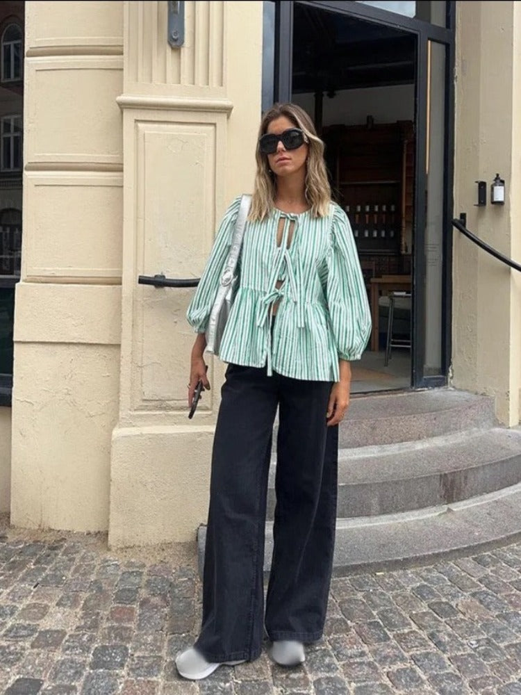 Geruite dames blouse met pofmouwen