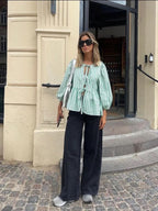 Geruite dames blouse met pofmouwen