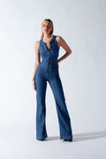 Hartvormige rugloze dames denim jumpsuit