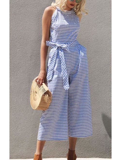 Gestreepte dames jumpsuit met halternek