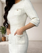 Chique witte tweed jurk met ronde hals