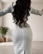 Chique witte tweed jurk met ronde hals