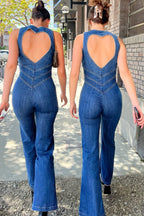 Hartvormige rugloze dames denim jumpsuit