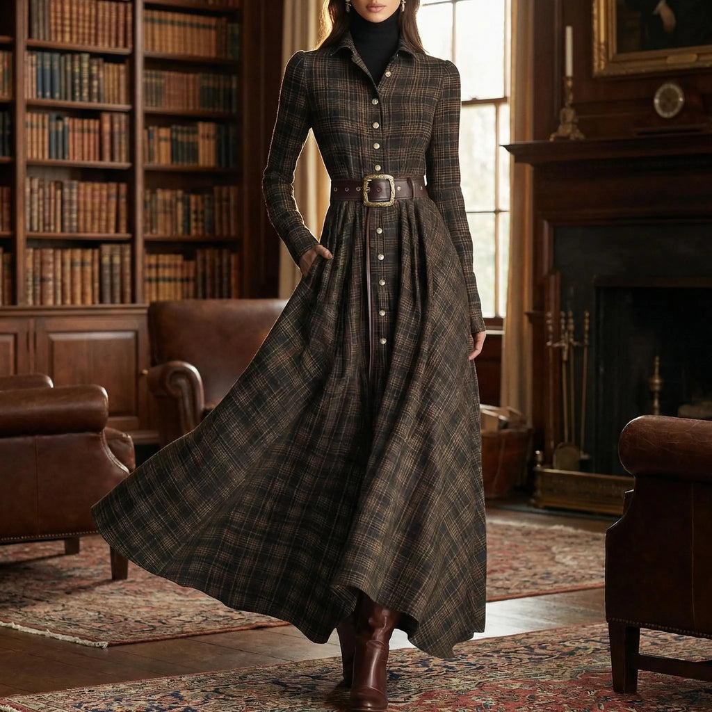Geruite maxi-jurk met lange mouwen
