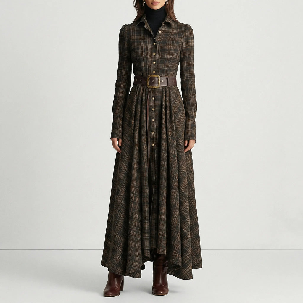Geruite maxi-jurk met lange mouwen