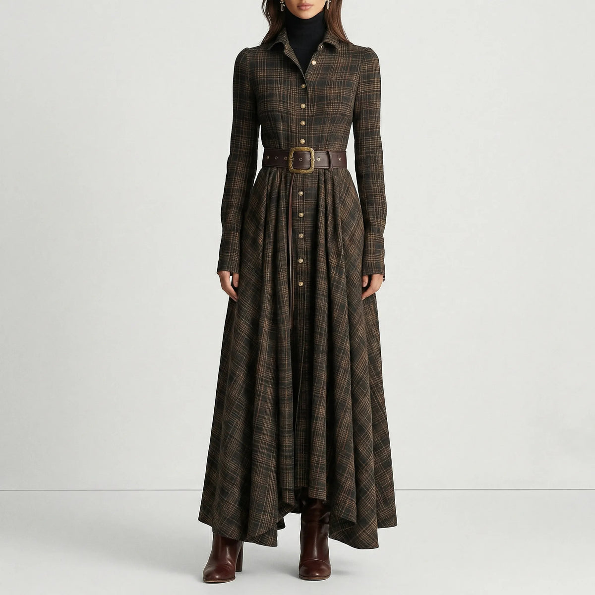 Geruite maxi-jurk met lange mouwen