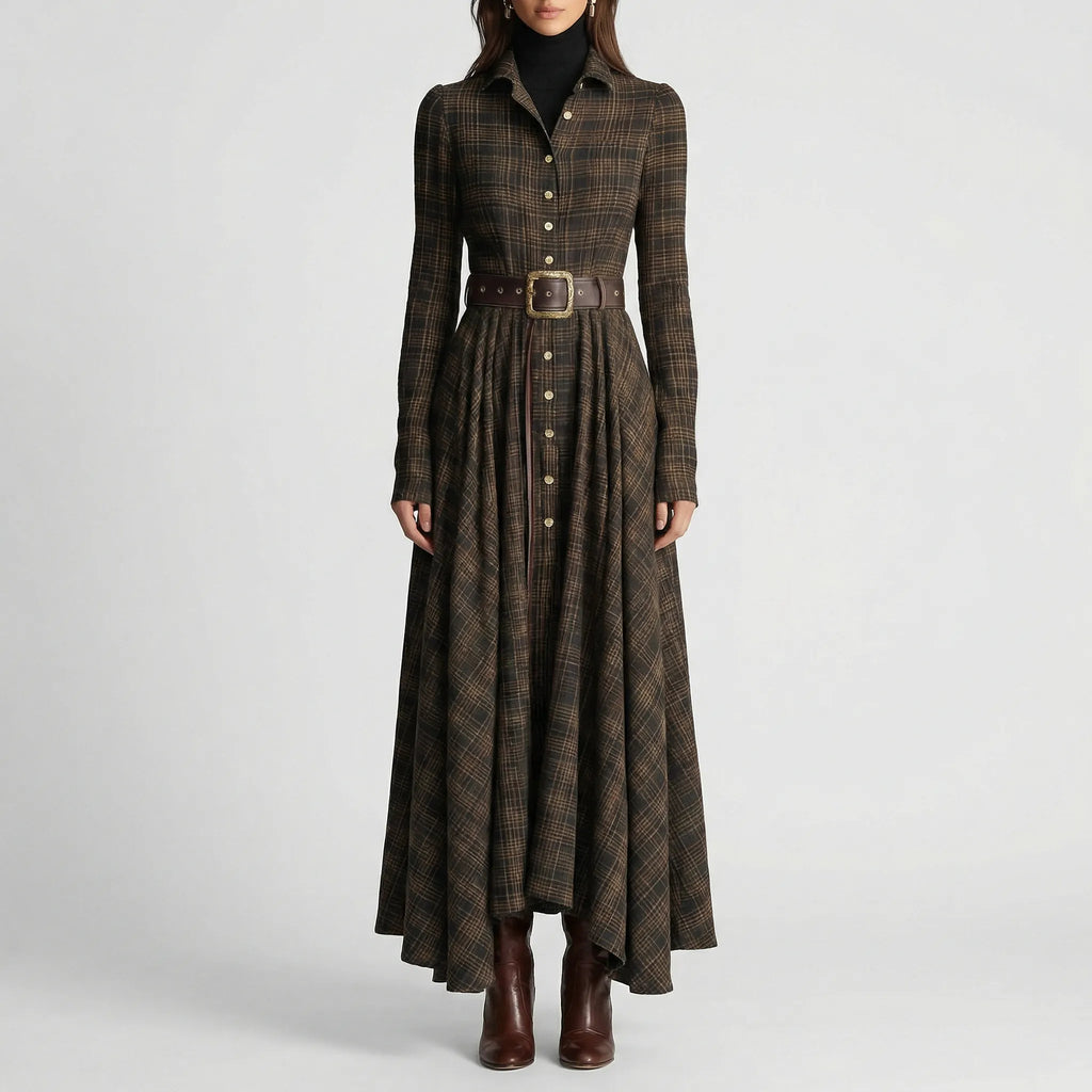 Geruite maxi-jurk met lange mouwen