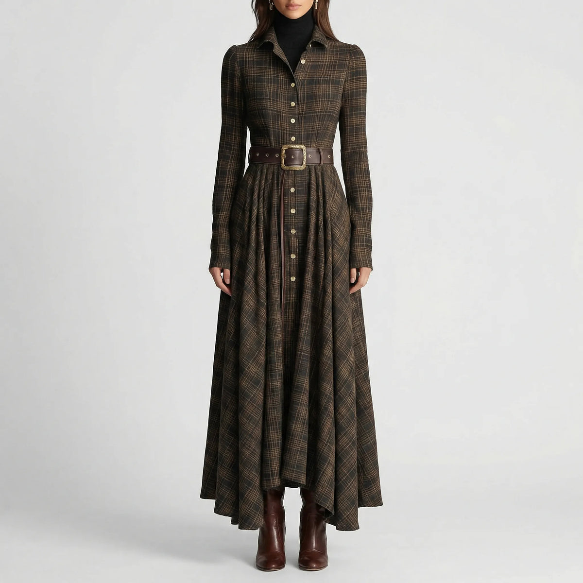 Geruite maxi-jurk met lange mouwen