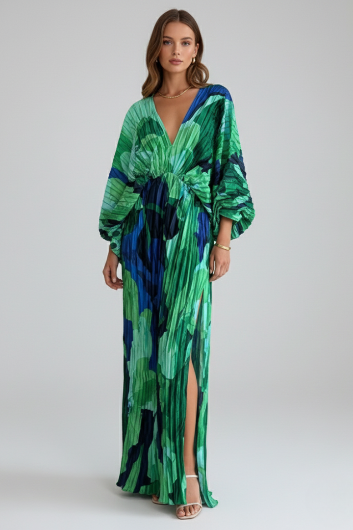 Lexi | Geplooide maxi-jurk met V-hals en zijsplit