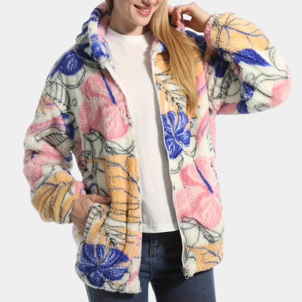 Warme damesjas met capuchon en bloemenprint