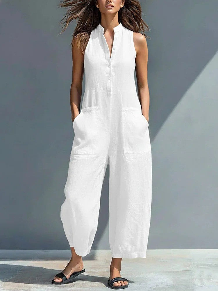 Mila | Mouwloze katoenen jumpsuit met wijde pijpen en knoopsluiting