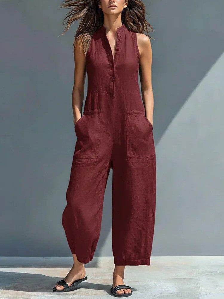 Mila | Mouwloze katoenen jumpsuit met wijde pijpen en knoopsluiting