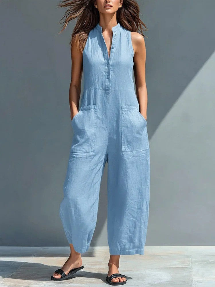 Mila | Mouwloze katoenen jumpsuit met wijde pijpen en knoopsluiting