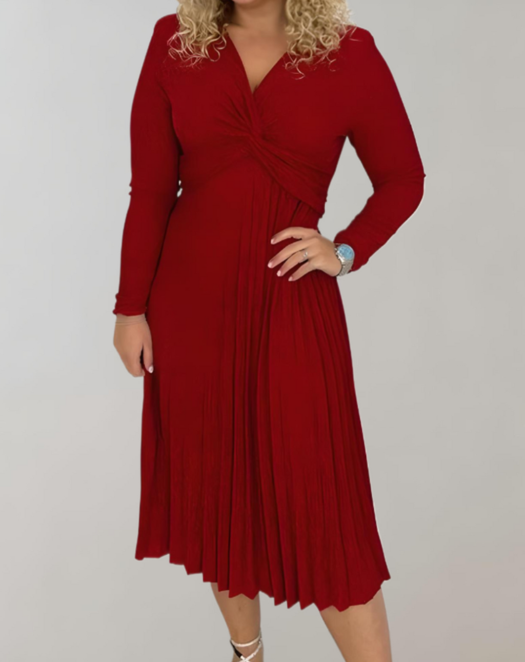 Rode midi-jurk met hoge taille