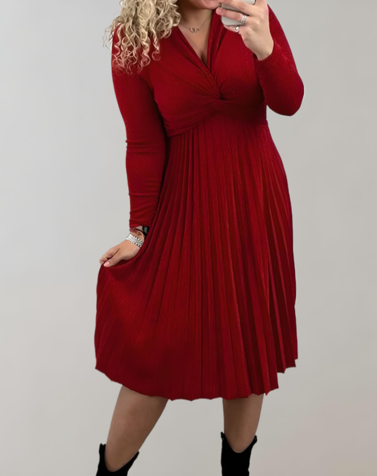 Rode midi-jurk met hoge taille