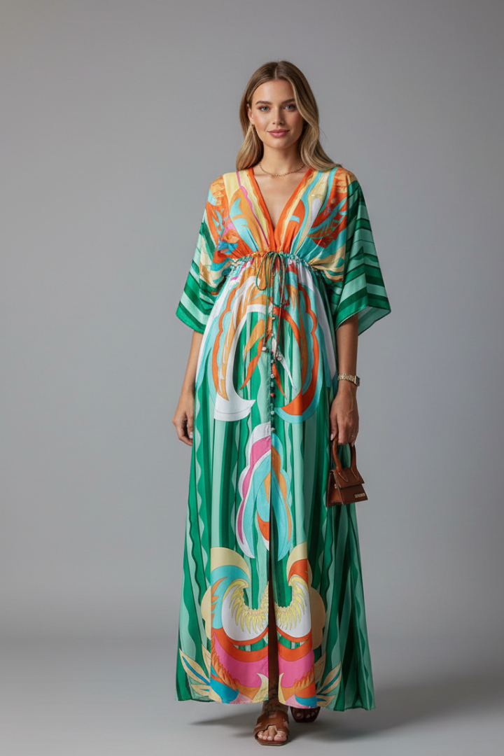 Marlies | Maxi-jurk met vleermuismouwen en strikceintuur
