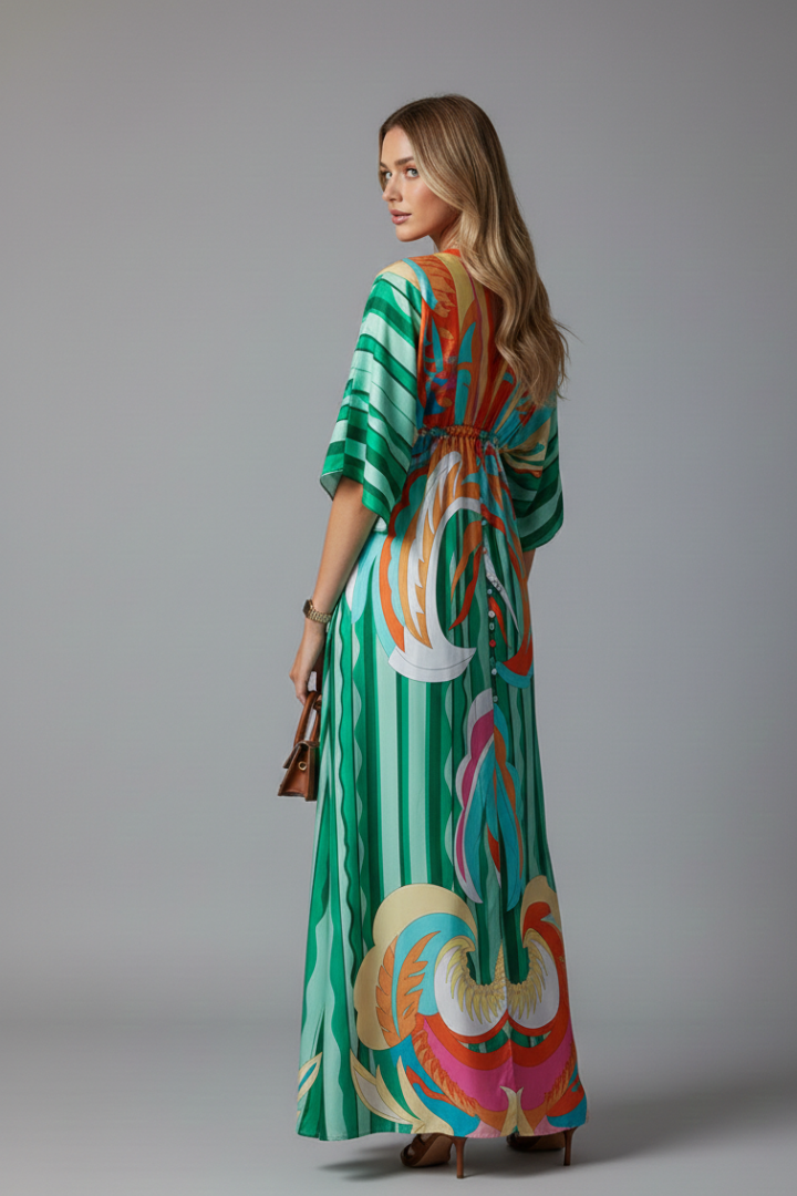 Marlies | Maxi-jurk met vleermuismouwen en strikceintuur