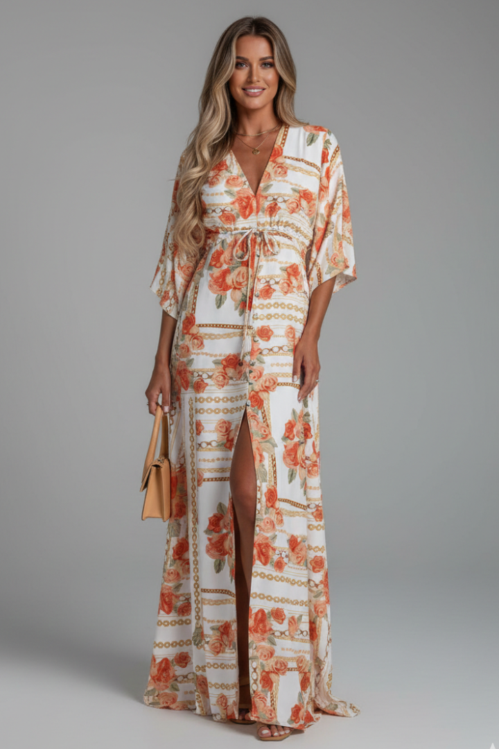 Marlies | Maxi-jurk met vleermuismouwen en strikceintuur